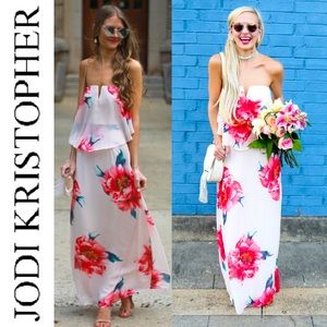 JODI KRISTOPHER FLORAL STRAPLESS MAXI DRESS WHITE PINK FLOWERS WEDDING SHOWER
